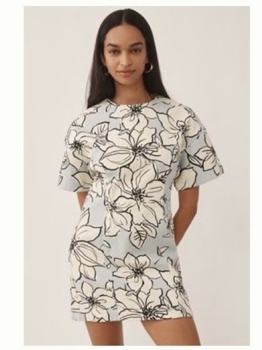 Floral Short Sleeve Mini Dress in Light Blue and Cream